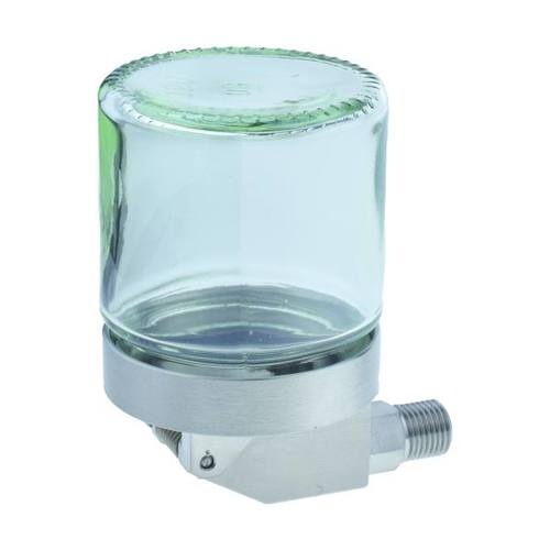 Constant Level Oiler - OilWatch Vasen Durchmesser 52 mm, G 1/4" Inhalt 120 ccm, Behälter aus Naturglas Körper in Stahl verzinkt