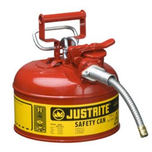 Justrite® Sicherheitskanne ACCU FLOW mit flexiblem Metallschlauch und Dosiergriff, rot lackiert, Inhalt 4 L